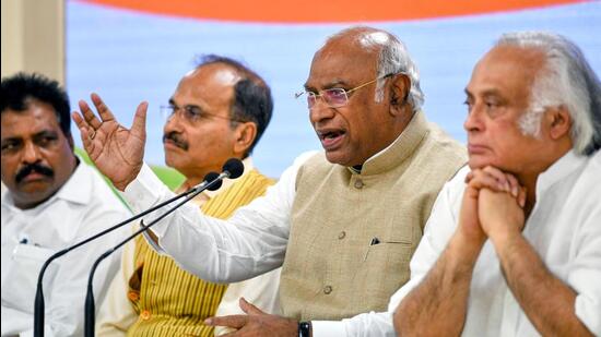 Leader of Opposition in the Rajya Sabha and Congress leader Mallikarjun Kharge addresses the media in the presence of party leaders and MPs Adhir Ranjan Chowdhury and Jairam Ramesh, at Congress Headquarters in New Delhi on Thursday. (ANI PHOTO.) Leader of Opposition in the Rajya Sabha and Congress leader Mallikarjun Kharge addresses the media in the presence of party leaders and MPs Adhir Ranjan Chowdhury and Jairam Ramesh, at Congress Headquarters in New Delhi on Thursday. (ANI PHOTO.)