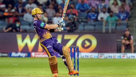 Pat Cummins of Kolkata Knight Riders plays a shot during match 14 of the Indian Premier League 2022 cricket tournament between the Kolkata Knight Riders and the Mumbai Indians, at the MCA International Stadium in Pune.(PTI)