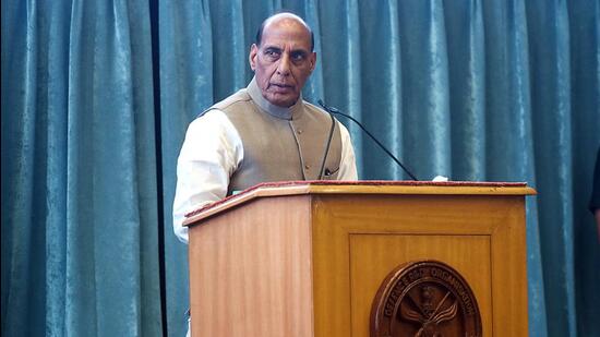 Union defence minister Rajnath Singh addresses the gathering during the release of the third list of over 101 military systems and weapons that will come under an import ban over the next five years and be developed indigenously, at DRDO Bhawan in New Delhi on Thursday. (HT PHOTO.)