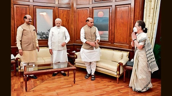 Congress president Sonia Gandhi greets Prime Minister Narendra Modi, Union defence minister Rajnath Singh and Lok Sabha Speaker Om Birla, in New Delhi on Thursday. (PTI)