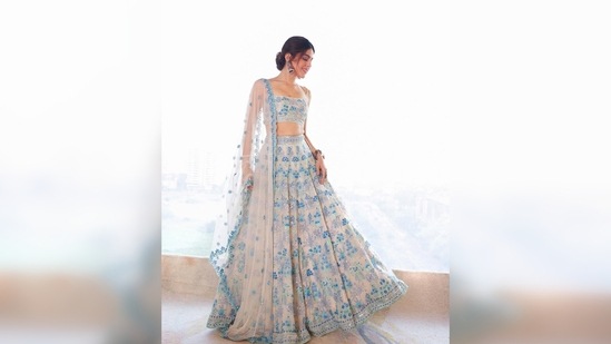 Alaya F's dreamy pastel lehenga set is available on the official website of Anita Dongre and it costs <span class='webrupee'>₹</span>1,75,000.(Instagram/@anitadongre)