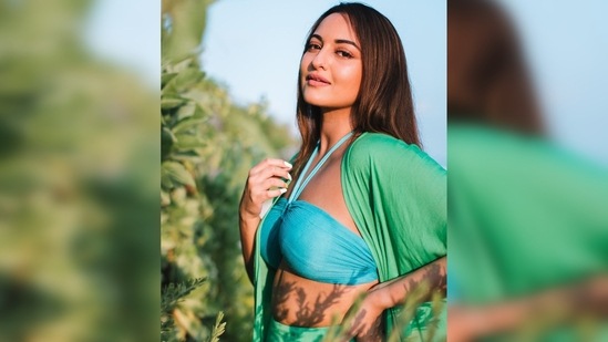 Sonakshi Sinha picked this vibrant green and blue comfy yet stylish resort wear from the clothing line Juana.(Instagram/@aslisona)