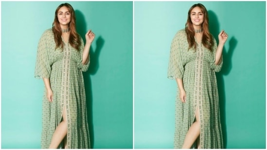 Huma Qureshi earlier stunned in an easy breezy pastel green kaftan with featuring a thigh-high slit and dramatic sleeves.(Instagram/@iamhumaq)