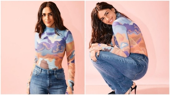 Mrunal Thakur kept her promotions look simple yet very trendy in a marble print turtleneck and high-rise old school boot cut denim. (Instagram/@mrunalthakur)