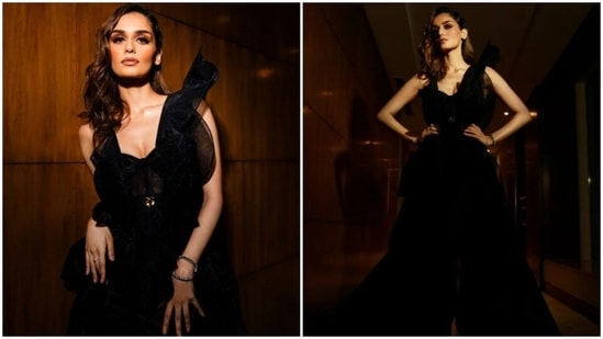 Manushi Chhillar is a stunner. The actor keeps slaying fashion goals on a regular basis with snippets from her fashion photoshoots. Be it an ethnic ensemble with a twist or a casual attire or a stunning gown, Manushi knows how to deck up in an ensemble and make it look better. A day back, Manushi shared yet another slew of pictures and dropped major cues on how to look perfect in black.(Instagram/@manushi_chhillar)