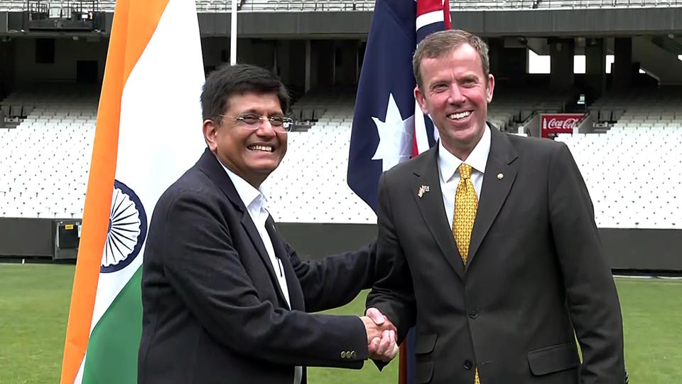 Union minister Piyush Goyal with Australia’s minister for trade, tourism and investment Dan Tehan at Melbourne Cricket Ground in Melbourne on Wednesday. (ANI) Union minister Piyush Goyal with Australia’s minister for trade, tourism and investment Dan Tehan at Melbourne Cricket Ground in Melbourne on Wednesday. (ANI)
