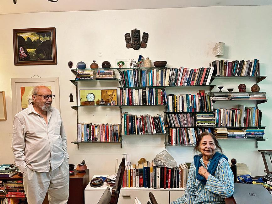 The couple’s drawing room walls are covered with original works by artists Arpana Caur and Manu Parekh.