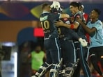 Gujarat Titans' players after six-wicket win over Punjab Kings(IPLt20.com)