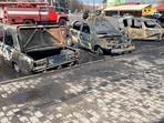 Burnt out vehicles are seen after a rocket attack on the railway station in the eastern city of Kramatorsk, in the Donbass region on April 8, 2022. (Photo by Herv� BAR / AFP)