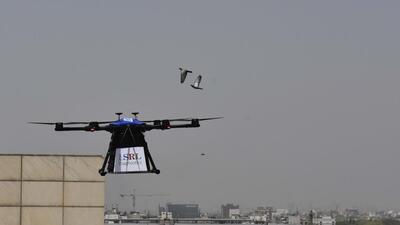 Gurugram, India – April 08, 2022: A successfully conducted delivery of blood test samples, as a medical emergency service, through a BVLOS Drone (drone operating beyond visual line of sight) trails from Fortis Hospital in Sector 29 to a testing facility in Sector 18 in Gurugram, India, on Friday, April 08, 2022. (Photo by Vipin Kumar/ Hindustan Times) (Vipin Kumar/HT PHOTO)