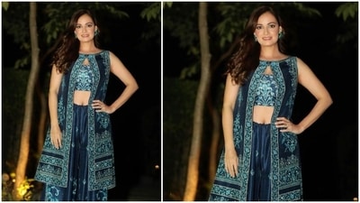 Dia Mirza is the perfect personification of grace and elegance in this blue traditional attire by her friend and designer Hemant Trivedi. (Instagram/@diamirzaofficial)