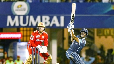 Mumbai, Apr 08 (ANI): Gujarat Titans Sai Sudharsan plays a shot during the Indian Premier League 2022 match between Gujarat Titans and Punjab Kings, at Brabourne Stadium in Mumbai on Friday. (ANI Photo/ Gujarat Titans Twitter) (ANI)