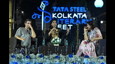 Jim Sarbh, Mallika Sarabhai and Shrayana Bhattacharya during a session at the KLM (Courtesy the Kolkata Literary Meet) Jim Sarbh, Mallika Sarabhai and Shrayana Bhattacharya during a session at the KLM (Courtesy the Kolkata Literary Meet)