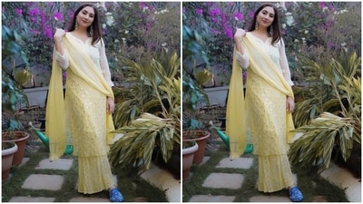 Disha's ensemble features a long chiffon kurta in an ombré pastel yellow shade. It comes with a V neckline, sheer sleeves, intricate thread embroidery, patti borders on the cuffs, and heavy mirror embellishments done all over. (Instagram/@dishaparmar) Disha's ensemble features a long chiffon kurta in an ombré pastel yellow shade. It comes with a V neckline, sheer sleeves, intricate thread embroidery, patti borders on the cuffs, and heavy mirror embellishments done all over. (Instagram/@dishaparmar)