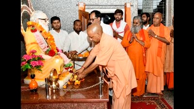CM Yogi Adityanath during his visit to Gorakhnath temple, in Gorakhpur on Friday. (Agency)