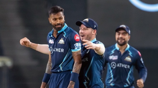 Gujarat Titan Hardik Pandya celebrate a wicket during the IPL 2022 match between Delhi Capitals and Gujarat Titans, at Maharashtra Cricket Association Stadium, in Pune on Saturday(IPL Twitter)