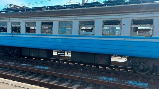 In this photo published on Ukrainian President Volodymyr Zelenskyy's Telegram channel, a train damaged by Russian shelling sits at the railway station in Kramatorsk, Ukraine, Friday, April 8, 2022.&nbsp;(via AP)