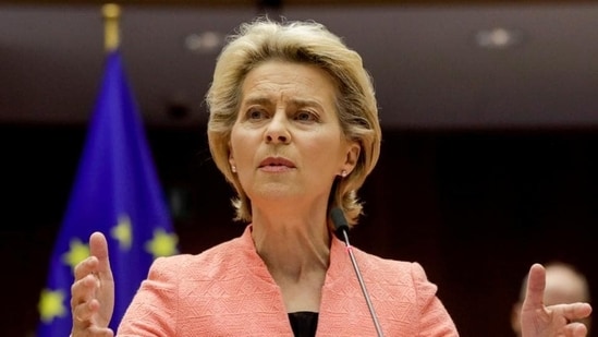 European Commission president Ursula von der Leyen said on Friday, April 8, 2022, that she is en route to the Ukrainian capital of Kyiv along with bloc's diplomatic chief Josep Borrell Fontelles. They are set to meet Ukrainian President Volodymyr Zelenskyy.(Reuters photo)