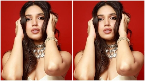 Bhumi accessorised her look with a golden bangle, a statement ring and a white stone studded choker from the shelves of Birdhichand Ghanshyamdas(Instagram/@bhumipednekar)