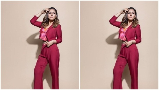 Raveena played muse to fashion designer houses The Missy Co and Saiko Studio and picked a colour-coordinated ensemble.(Instagram/@officialraveenatandon)
