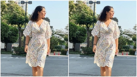 Hina’s dress came with midriff-baring details and dramatic short sleeves with frills. The waistline came with elastic details.(Instagram/@realhinakhan)