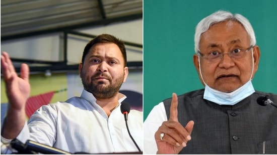 Bihar opposition leader Tejashwi Yadav (left)), and chief minister Nitish Kumar (right).