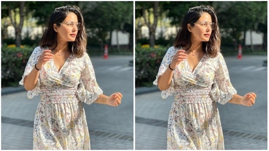 In minimal makeup – mascara-laden eyelashes, drawn eyebrows, contoured cheeks and a shade of soft pink lipstick, Hina aced the summer look.(Instagram/@realhinakhan)