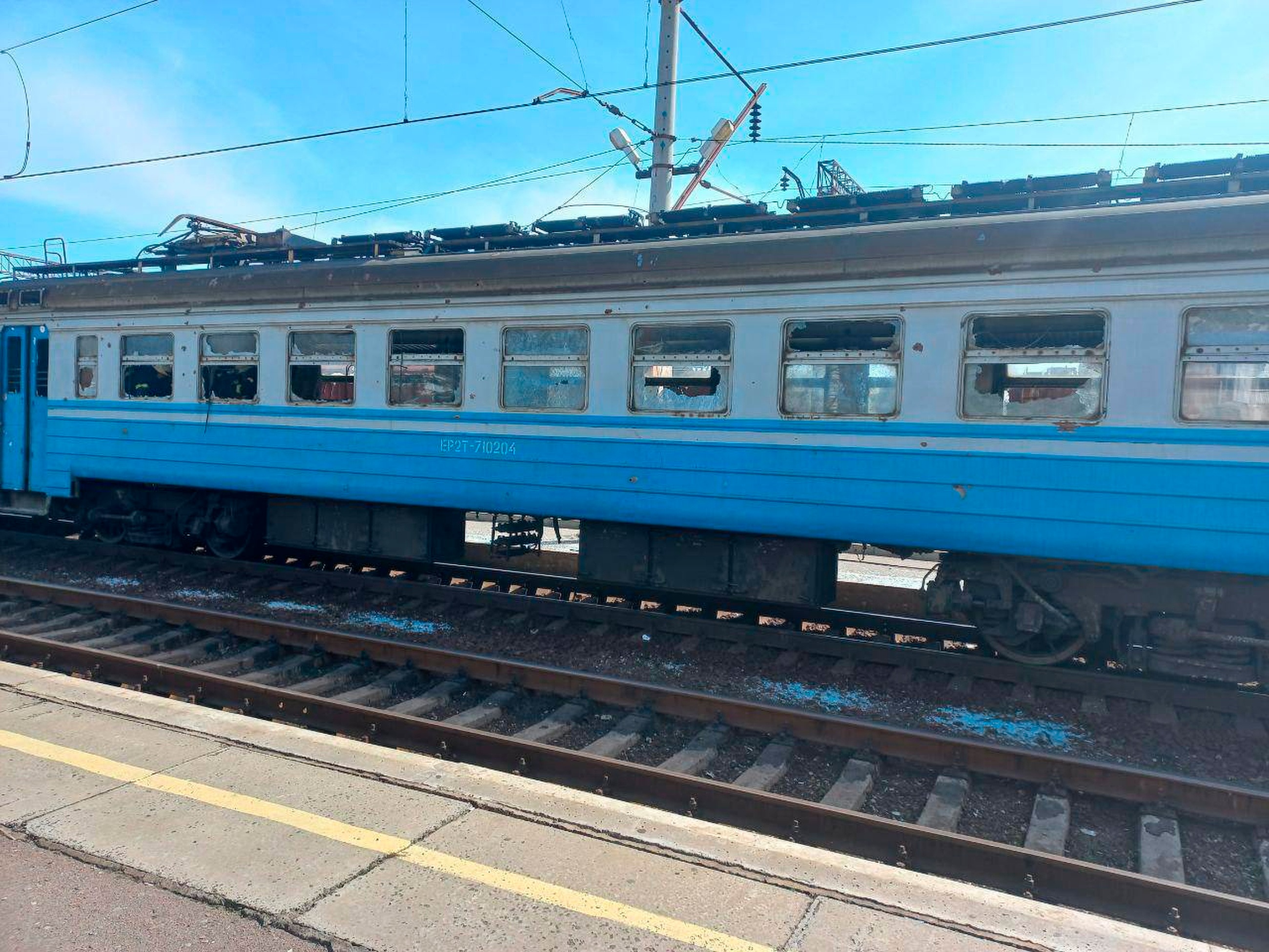 In this photo published on Ukrainian President Volodymyr Zelenskyy's Telegram channel, a train damaged by Russian shelling sits at the railway station in Kramatorsk, Ukraine, Friday, April 8, 2022. (via AP) In this photo published on Ukrainian President Volodymyr Zelenskyy's Telegram channel, a train damaged by Russian shelling sits at the railway station in Kramatorsk, Ukraine, Friday, April 8, 2022. (via AP)