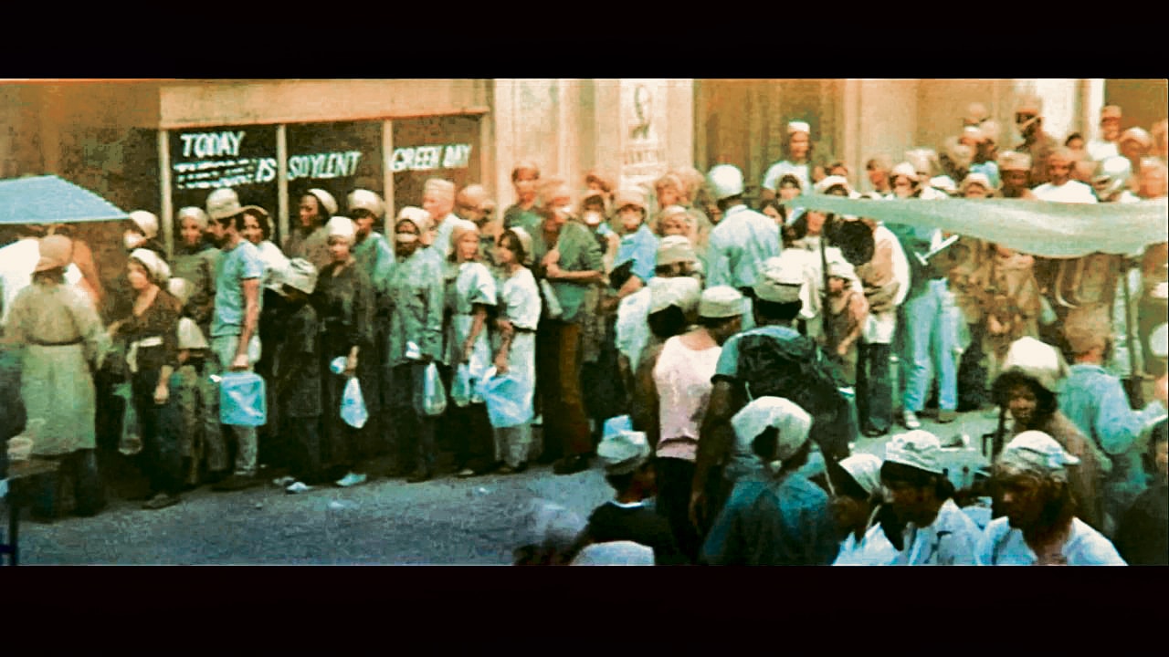 In the New York of Soylent Green, the world has run out of food, and people are eating crackers made from human flesh. In the New York of Soylent Green, the world has run out of food, and people are eating crackers made from human flesh.