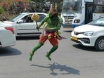 An artist dressed as Hanuman danced in the street on the occasion of Ram Navami in Bangalore, Karnataka in 2018. (Manjunath Kiran / AFP) An artist dressed as Hanuman danced in the street on the occasion of Ram Navami in Bangalore, Karnataka in 2018. (Manjunath Kiran / AFP)