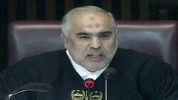 Pakistan Assembly Speaker Asad Qaiser conducts the procedure of no-confidence motion in the National Assembly in Islamabad on Saturday.&nbsp;
