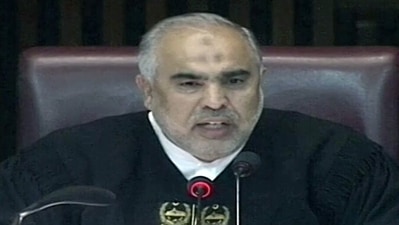 Pakistan Assembly Speaker Asad Qaiser conducts the procedure of no-confidence motion in the National Assembly in Islamabad on Saturday.&nbsp; (ANI)
