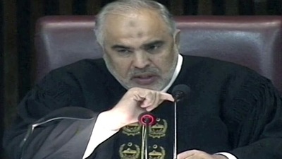 Pakistan Assembly Speaker Asad Qaiser conducts the procedure of no-confidence motion in the National Assembly on Saturday. (ANI) Pakistan Assembly Speaker Asad Qaiser conducts the procedure of no-confidence motion in the National Assembly on Saturday. (ANI)