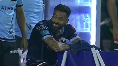 Hardik Pandya left stupefied after Rahul Tewatia's match-winning sixes (Twitter grab) Hardik Pandya left stupefied after Rahul Tewatia's match-winning sixes (Twitter grab)