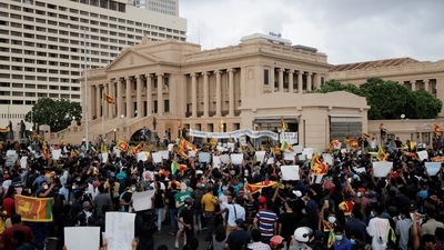 People shout slogans against Sri Lanka's President Gotabaya Rajapaksa during a protest in front of the Presidential Secretariat, amid the country's economic crisis, in Colombo, Sri Lanka. (REUTERS)