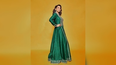 Madhuri Dixit was spotted wearing their silken Benarasi Varini set that features signature brocade work, intricate gota patti and embellishments, all handmade by master craftspeople. (Instagram/@anitadongre) Madhuri Dixit was spotted wearing their silken Benarasi Varini set that features signature brocade work, intricate gota patti and embellishments, all handmade by master craftspeople. (Instagram/@anitadongre)