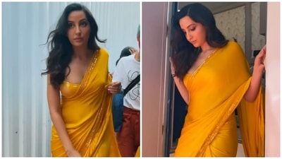 Nora Fatehi was earlier spotted stealing hearts in a yellow saree teamed with a shimmery bralette. (HT Photo) Nora Fatehi was earlier spotted stealing hearts in a yellow saree teamed with a shimmery bralette. (HT Photo)
