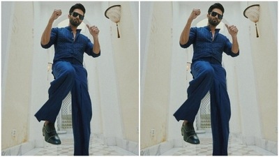 Shahid paired an embroidered short kurta with a pair of trousers with wide legs. Shahid’s kurta came intricately embroidered in blue and silver resham threads. (Instagram/@shahidkapoor)