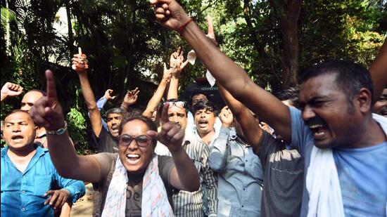 An angry mob of MSRTC employees barged into the premises of NCP chief Sharad Pawar’s Mumbai residence, ‘Silver Oak’, on Friday to protest against the state government. (ANI)