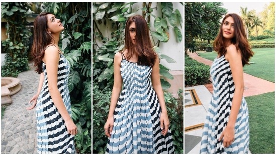 Mrunal Thakur is currently awaiting the release of her film Jersey where she will be seen playing Shahid Kapoor's love interest. The actor has been going all out and promoting her film on several platforms. Recently, acing the summer look, the actor was spotted wearing an easy breezy blue and white tide printed dress for the promotions of Jersey.(Instagram/@mrunalthakur)