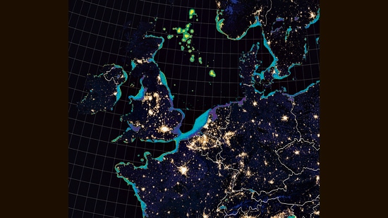 Light pollution in the North Atlantic, as recorded in the new world atlas of oceanic light pollution. (Photo courtesy Earth Observatory; Image by Joshua Stevens, using data courtesy of Smyth TJ, et al (2021))