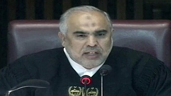 Pakistan Assembly Speaker Asad Qaiser conducts the procedure of no-confidence motion in the National Assembly in Islamabad on Saturday.&nbsp;(ANI)
