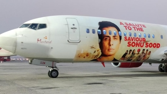 A picture of the Spicejet plane with Sonu Sood';s picture.