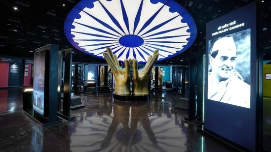 The logo of the building represents the hands of the people of India holding the "Ashoka Chakra," symbolizing the nation and democracy.(HT Photo)