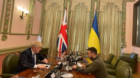 British Prime Minister Boris Johnson meets Ukrainian President Volodymyr Zelenskyy in Kyiv, Ukraine, on Saturday, April 9, 2022. (Twitter/Embassy of Ukraine to the UK)