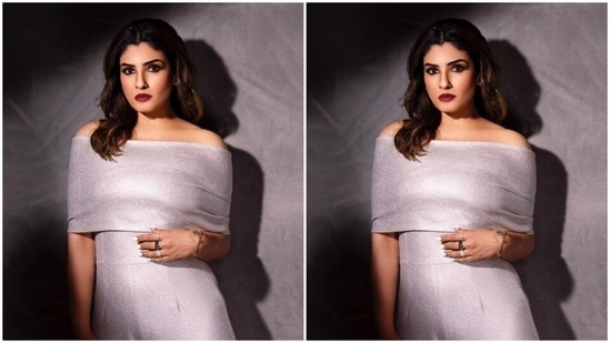 Raveena looked super glam in a silver jumpsuit. The attire came with off-shoulder details and wide legs.(Instagram/@officialraveenatandon)