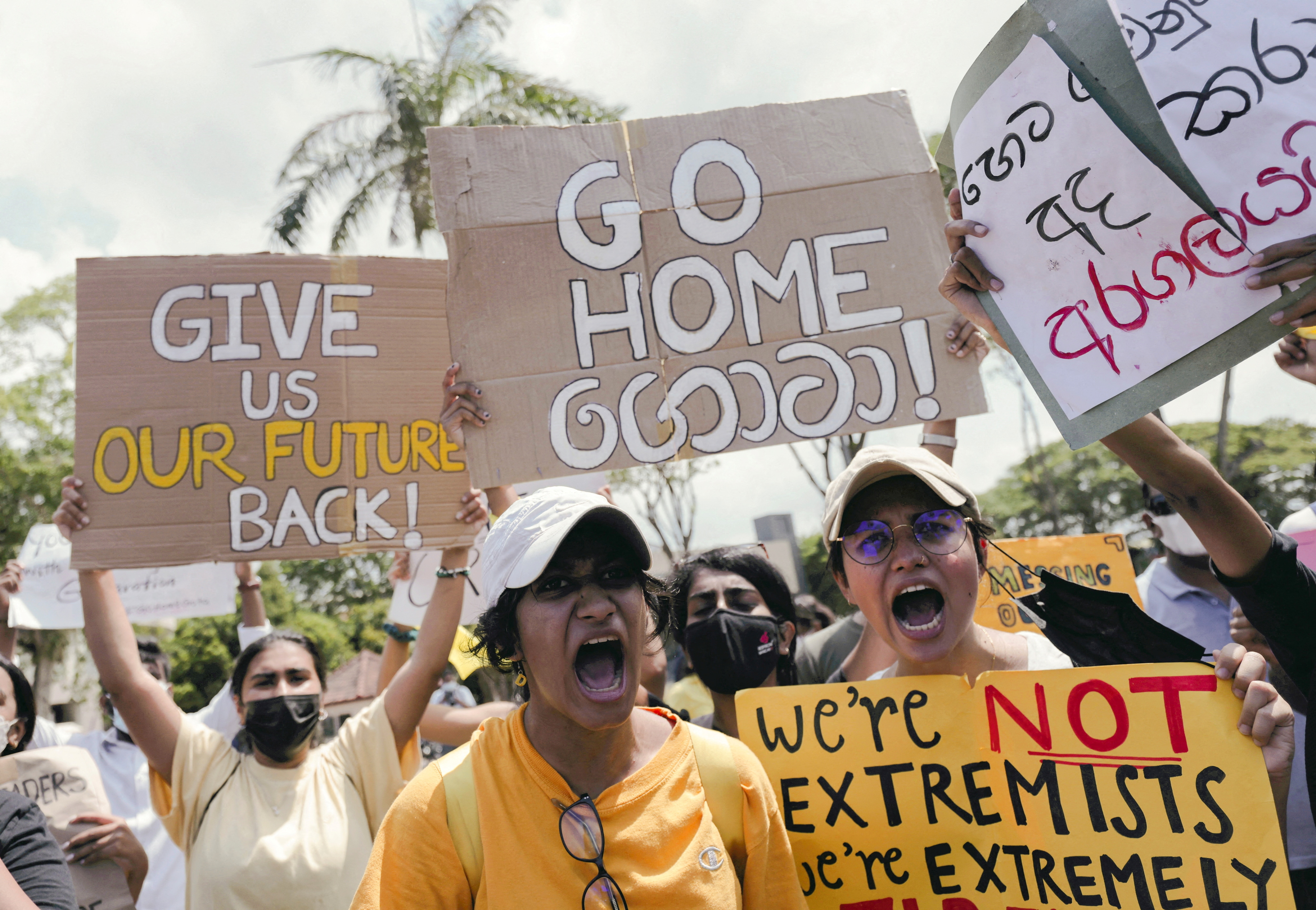 People shout slogans against Sri Lanka's President Gotabaya Rajapaksa and demand that Rajapaksa family politicians step down, during a protest amid the country's economic crisis, at Independence Square in Colombo, Sri Lanka. (REUTERS)