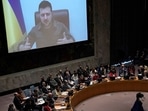 President Volodymyr Zelensky of Ukraine addresses a meeting of the United Nations Security Council, New York, April 5, 2022. (AFP) President Volodymyr Zelensky of Ukraine addresses a meeting of the United Nations Security Council, New York, April 5, 2022. (AFP)