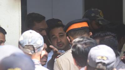 Mumbai, India - March 05, 2022: Union Minister Narayan Rane and his MLA son Nitesh Rane reach Malvani police station to record their statements in connection with the case registered against them for allegedly making defamatory remarks and spreading false information about Disha Salian, late actor Sushant Singh Rajput's former manager, at Malad, in Mumbai, India, on Saturday, March 05, 2022. (Photo by Vijay Bate/HT Photo) (HT PHOTO)