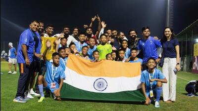 Minerva Academy celebrating the 5-0 win over Barcelona Academy at the Mina Cup U-12 Football. (HT Photo)